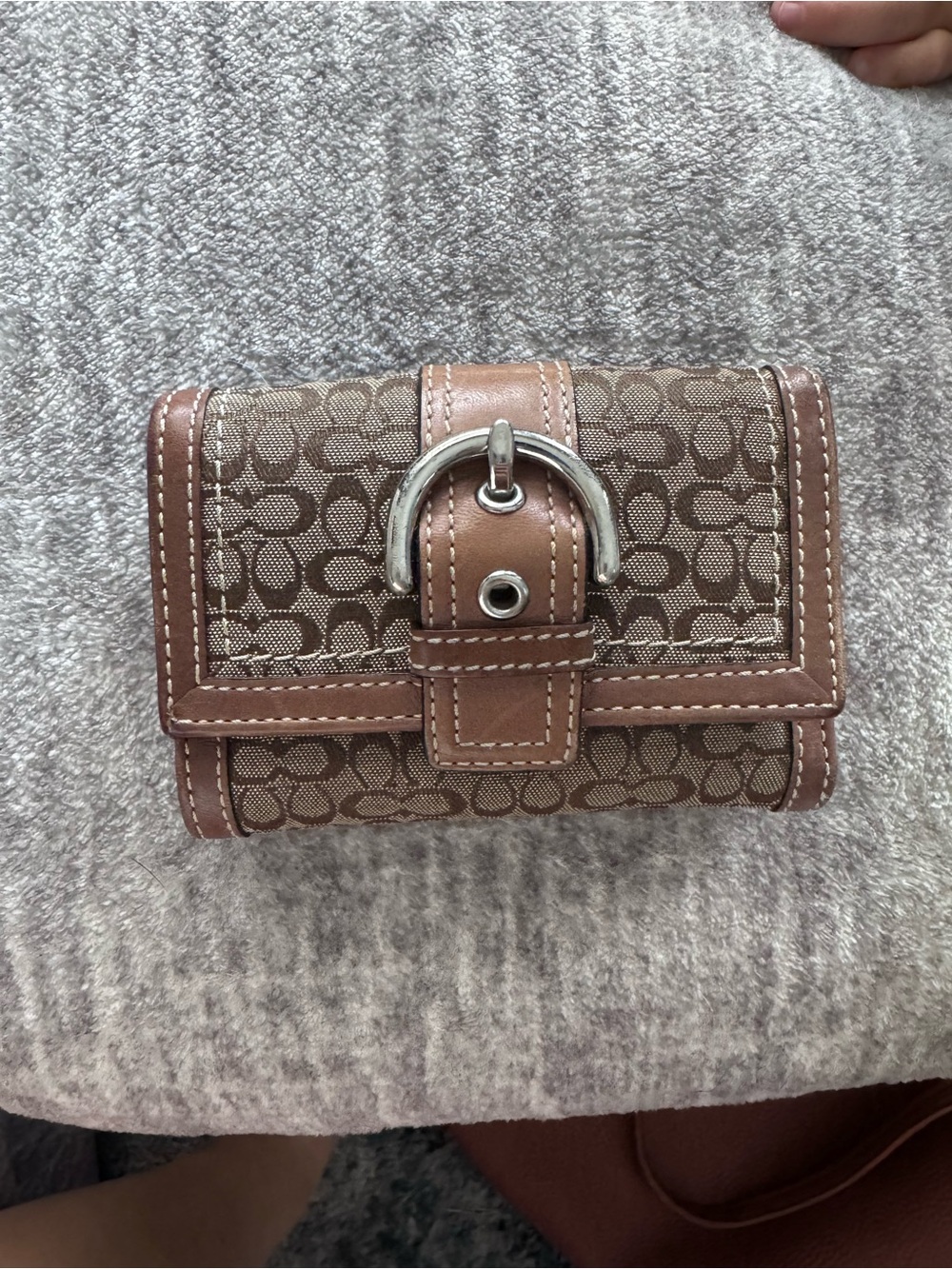Coach Signature Monogram Trifold Wallet in Brown/Tan
